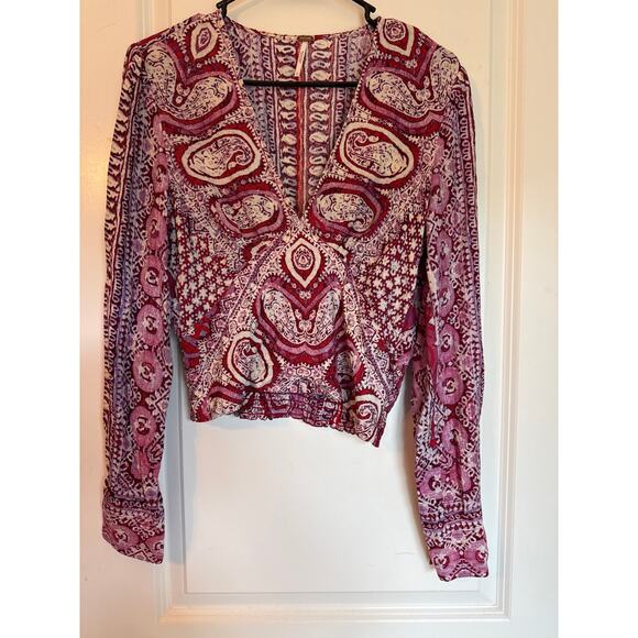 Free People Boho Crop Top S Wild & Free Pink Paisley Long Sleeve - Picture 3 of 8